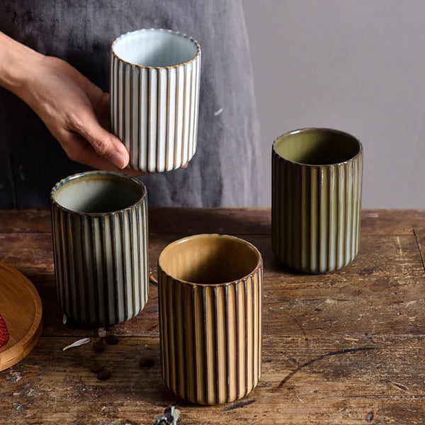 Vertical Striped Ceramic Coffee Mug, Exquisite Teacup, 300ml, Sake, Sushi, Family Restaurant Dinnerware, Wholesale Cups